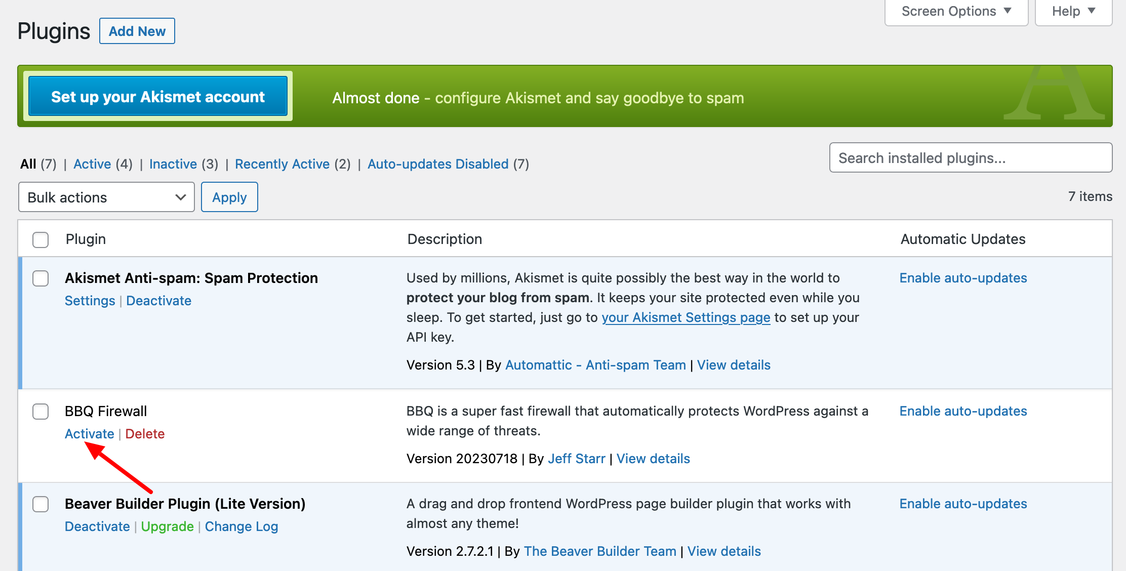 Activating the BBQ Firewall plugin after uploading it via an FTP client.