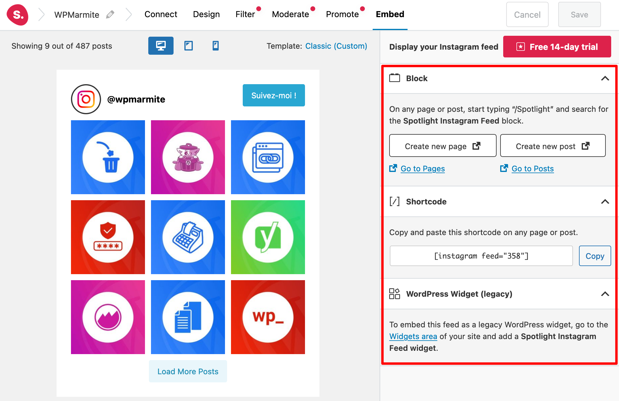Spotlight Social Feeds propose diverses options pour intégrer votre feed Instagram.