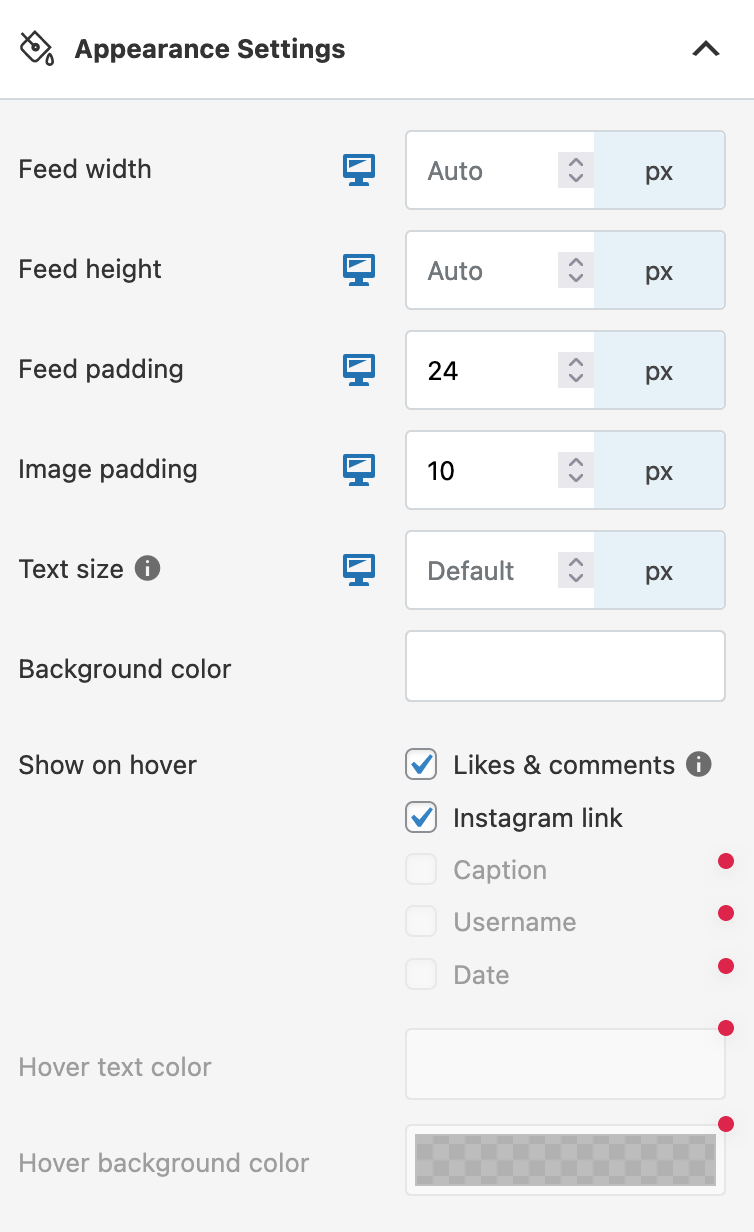 Réglages de l'apparence du fil Instagram.