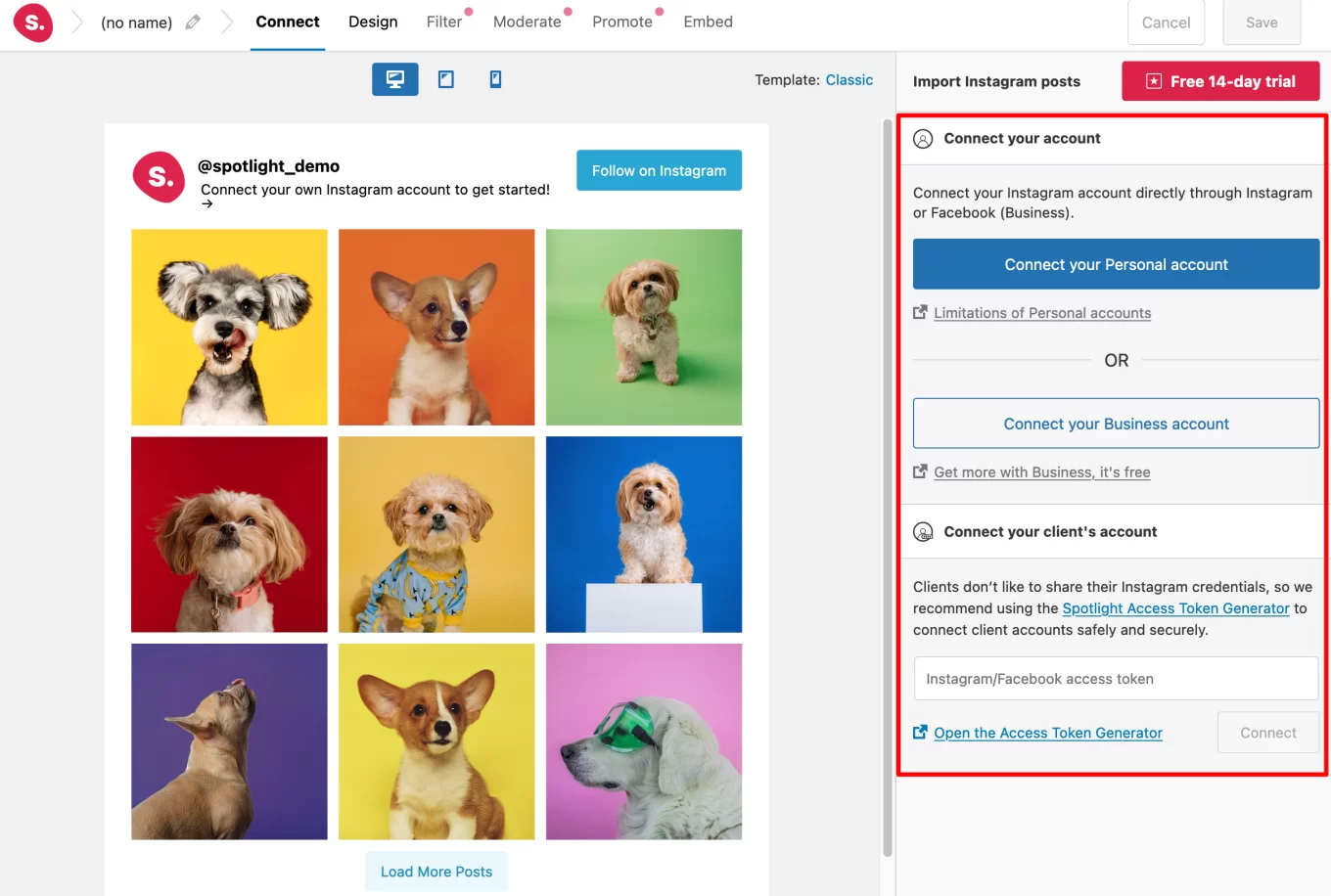 Connecting an Instagram account to Spotlight Social Feeds.