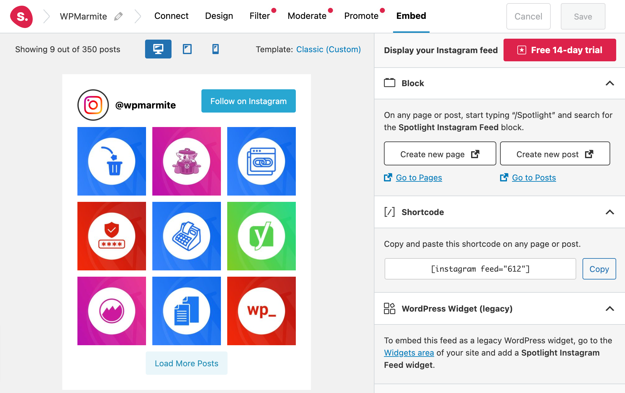 Spotlight Social Feeds offers several options to embed your feed in your posts or pages.