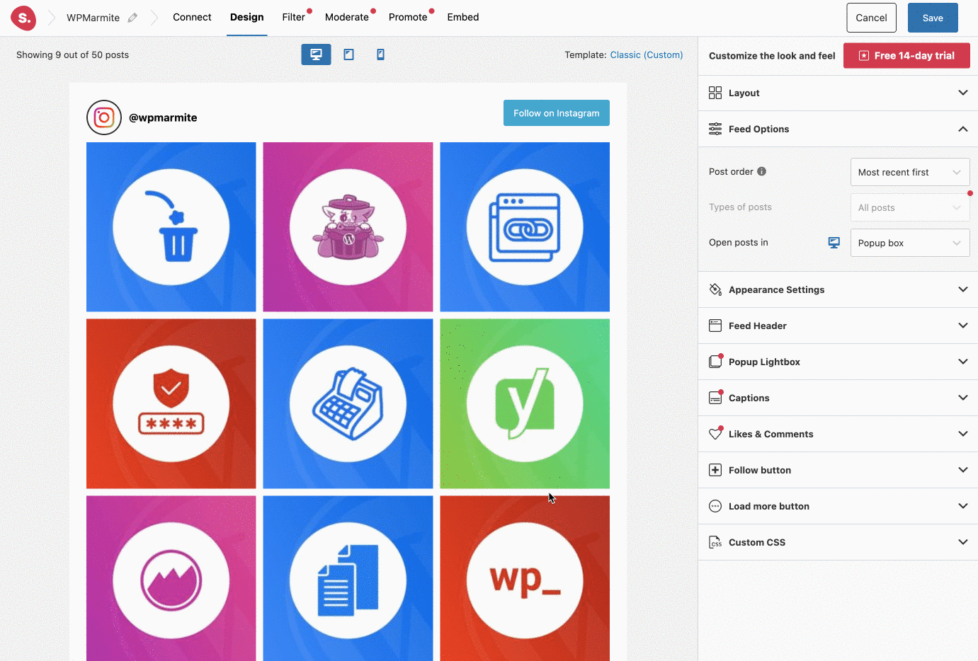 For each option, Spotlight Social Feeds offers responsive settings based on the type of screen.
