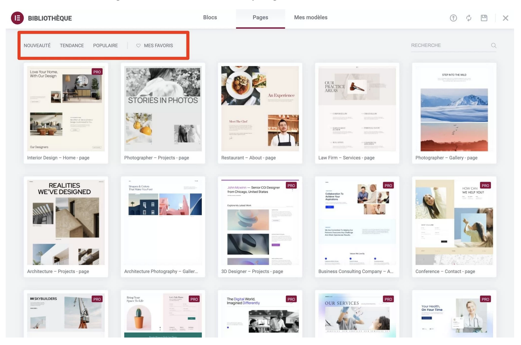 La bibliothèque de templates d'Elementor.