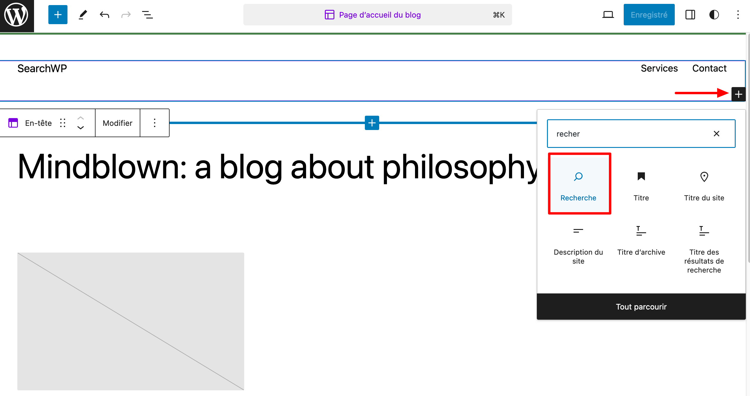Ajout d'un bloc Recherche sur l'Editeur de site de WordPress.