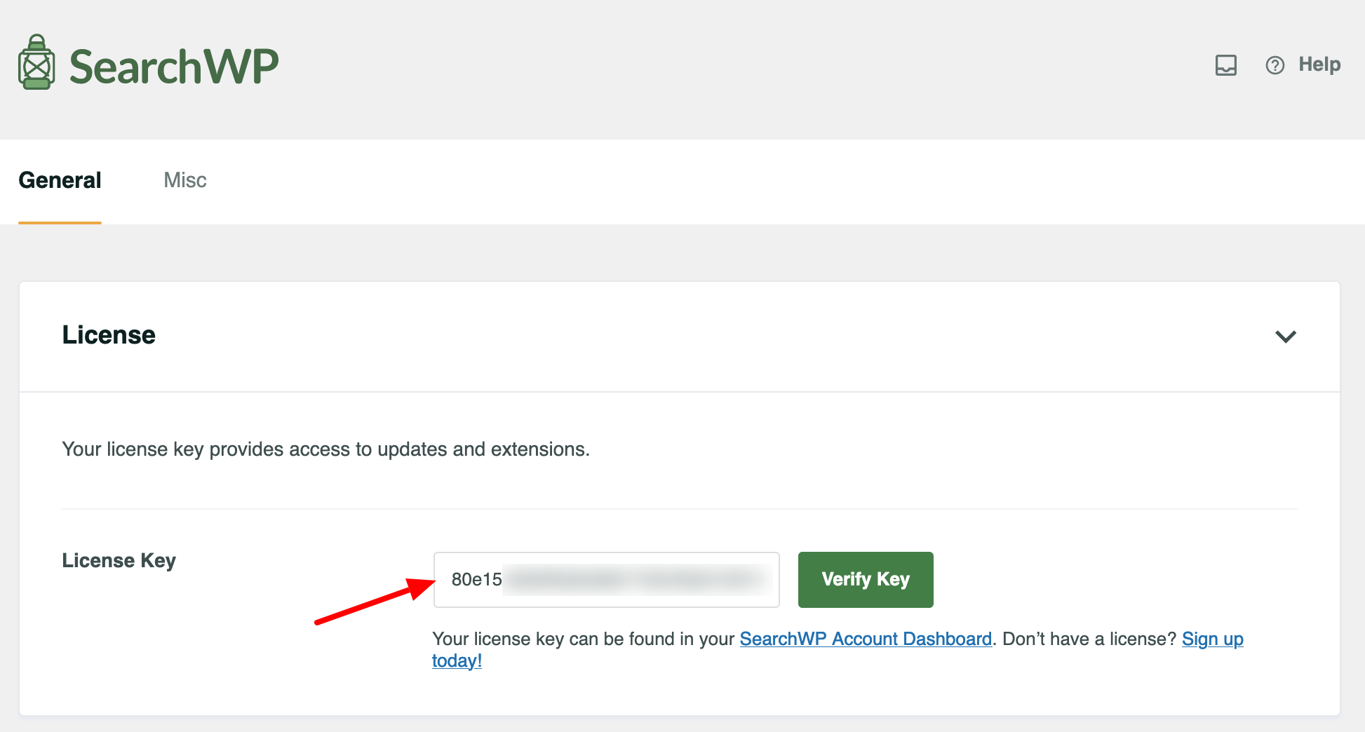 Ajout d'une clé de licence SearchWP.