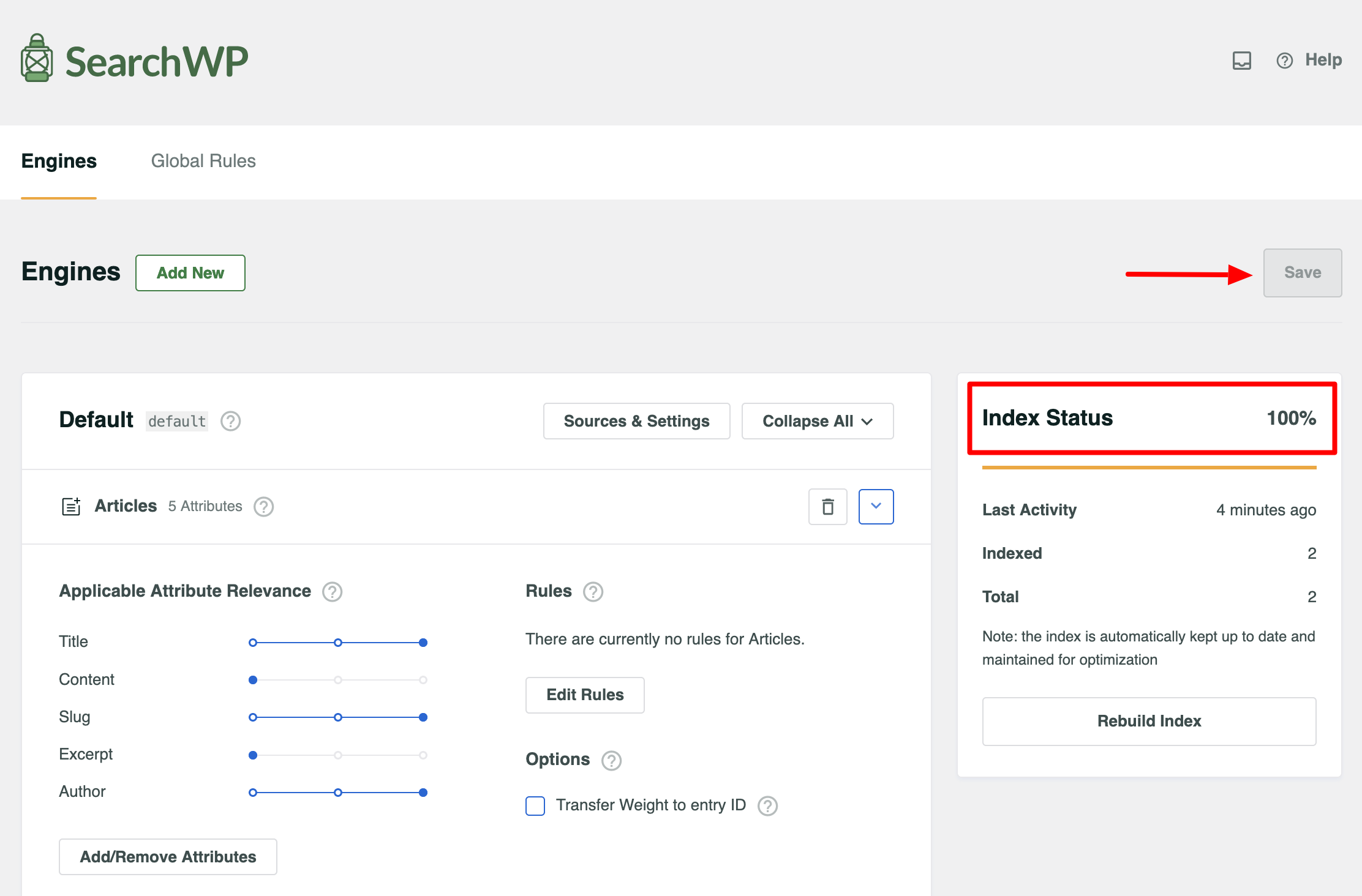 Statut de l'indexation de SearchWP.