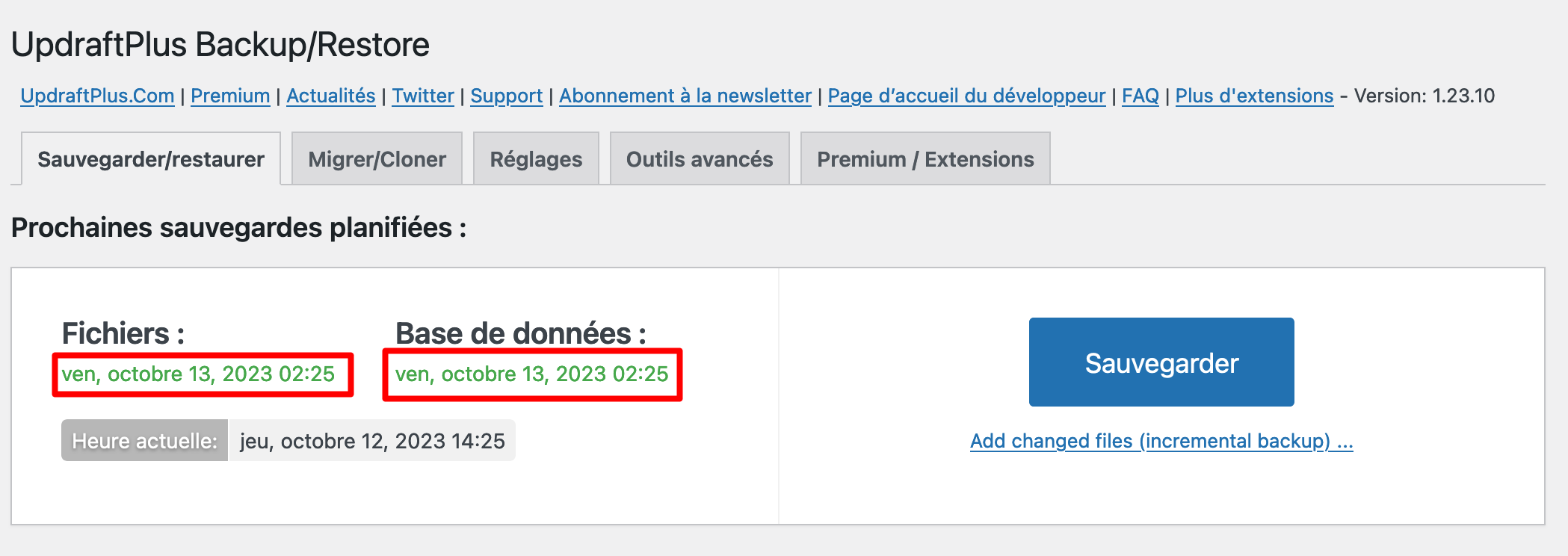 UpdraftPlus donne des informations sur les sauvegardes de fichiers.