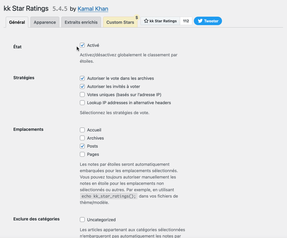 Les menus de l'extension kk Star Ratings.