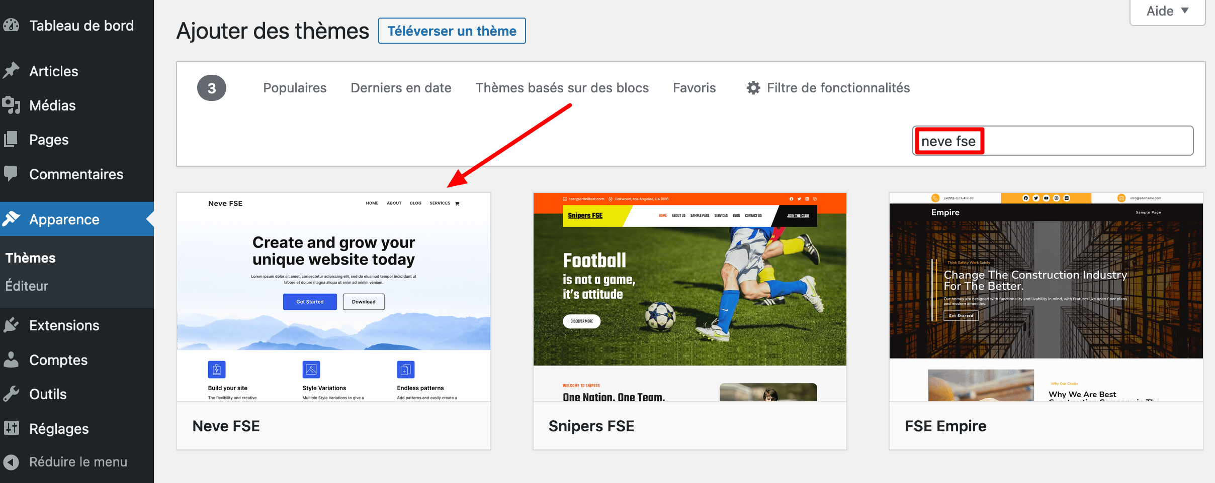 Installation de Neve FSE sur le back office WordPress.