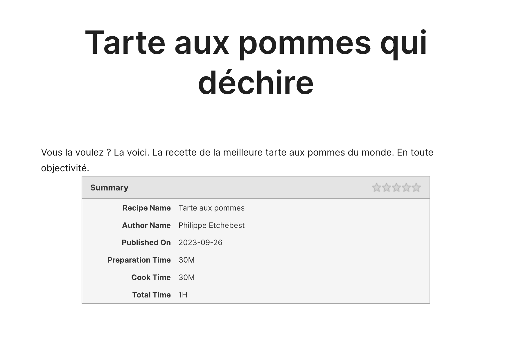 Affichage en front-end d'une recette de tarte aux pommes avec un rich snippet sur WordPress.