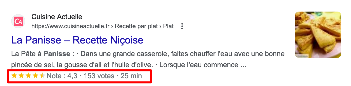 Un rich snippet généré sur une recette de cuisine.