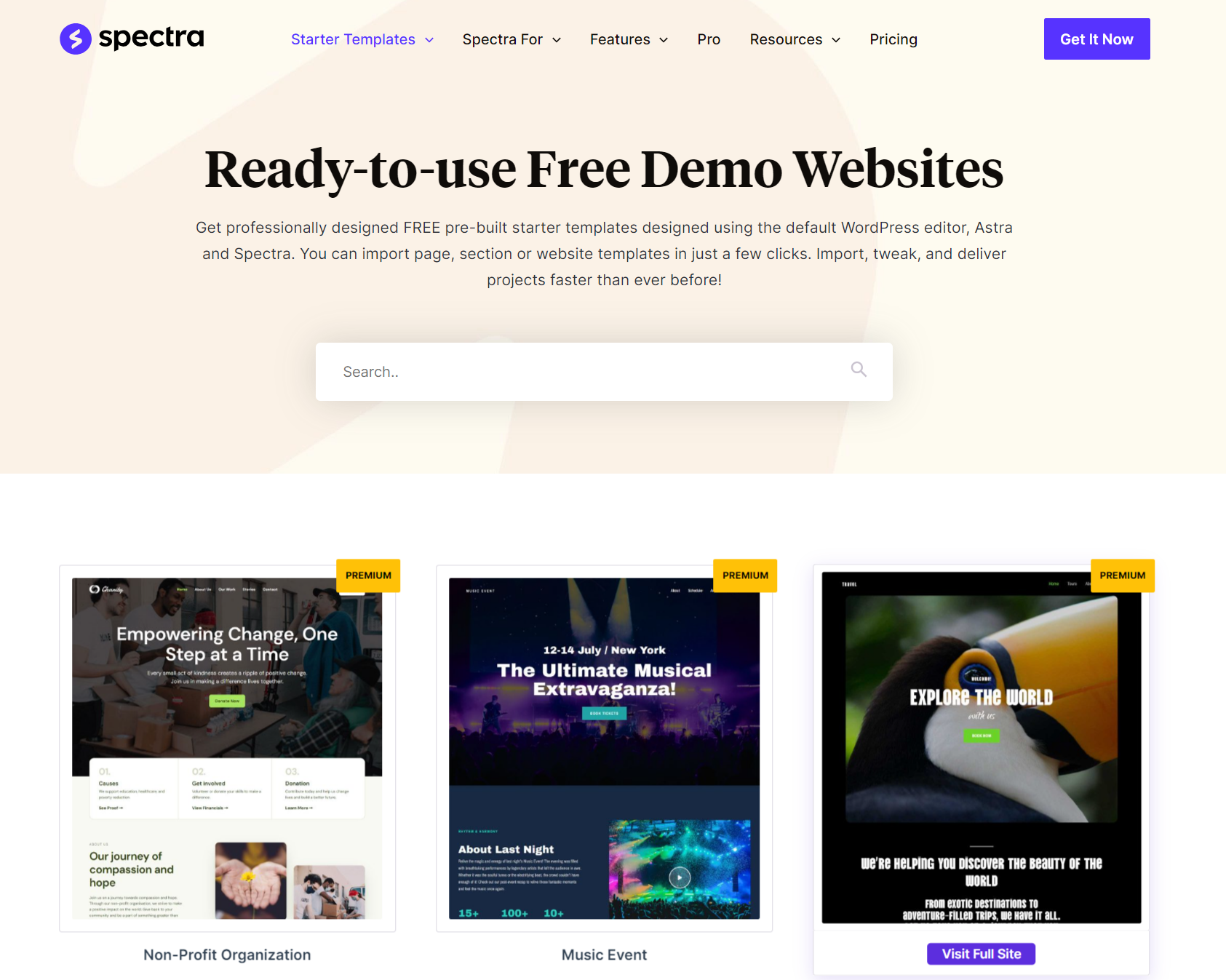 Spectra offers ready-to-use free demo websites.