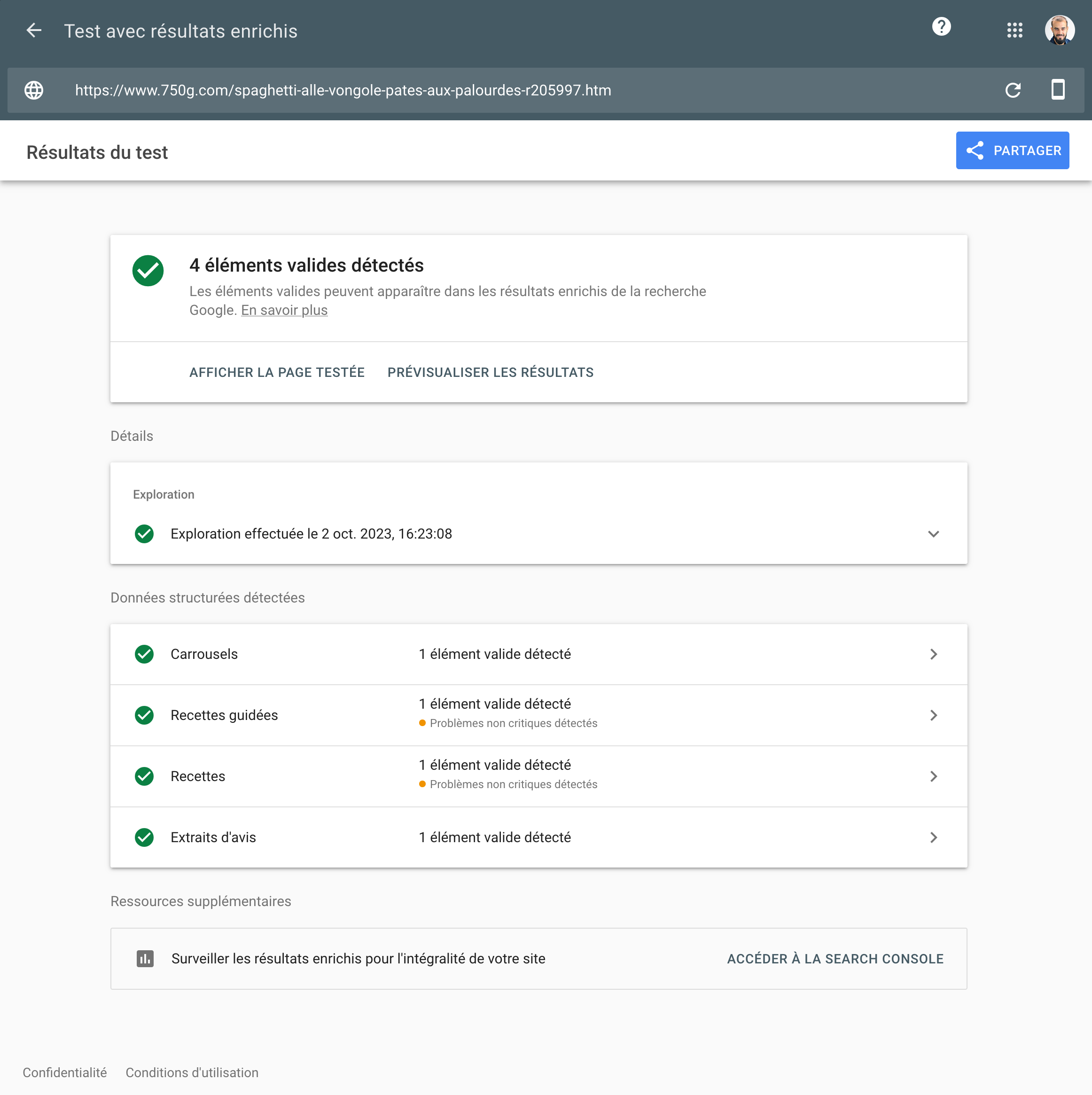 Résultats d'un test de résultats enrichis sur Google.