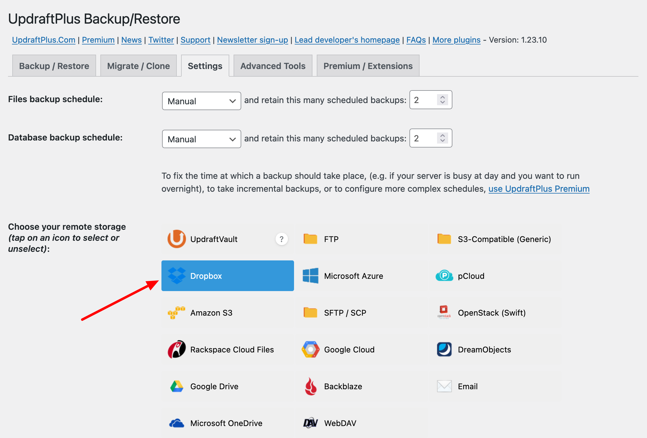 Choosing remote storage for your backups on UpdraftPlus.