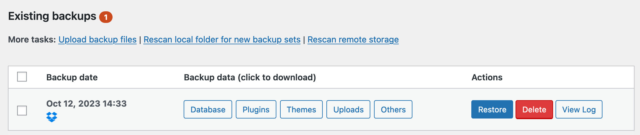 Existing backups in UpdraftPlus.