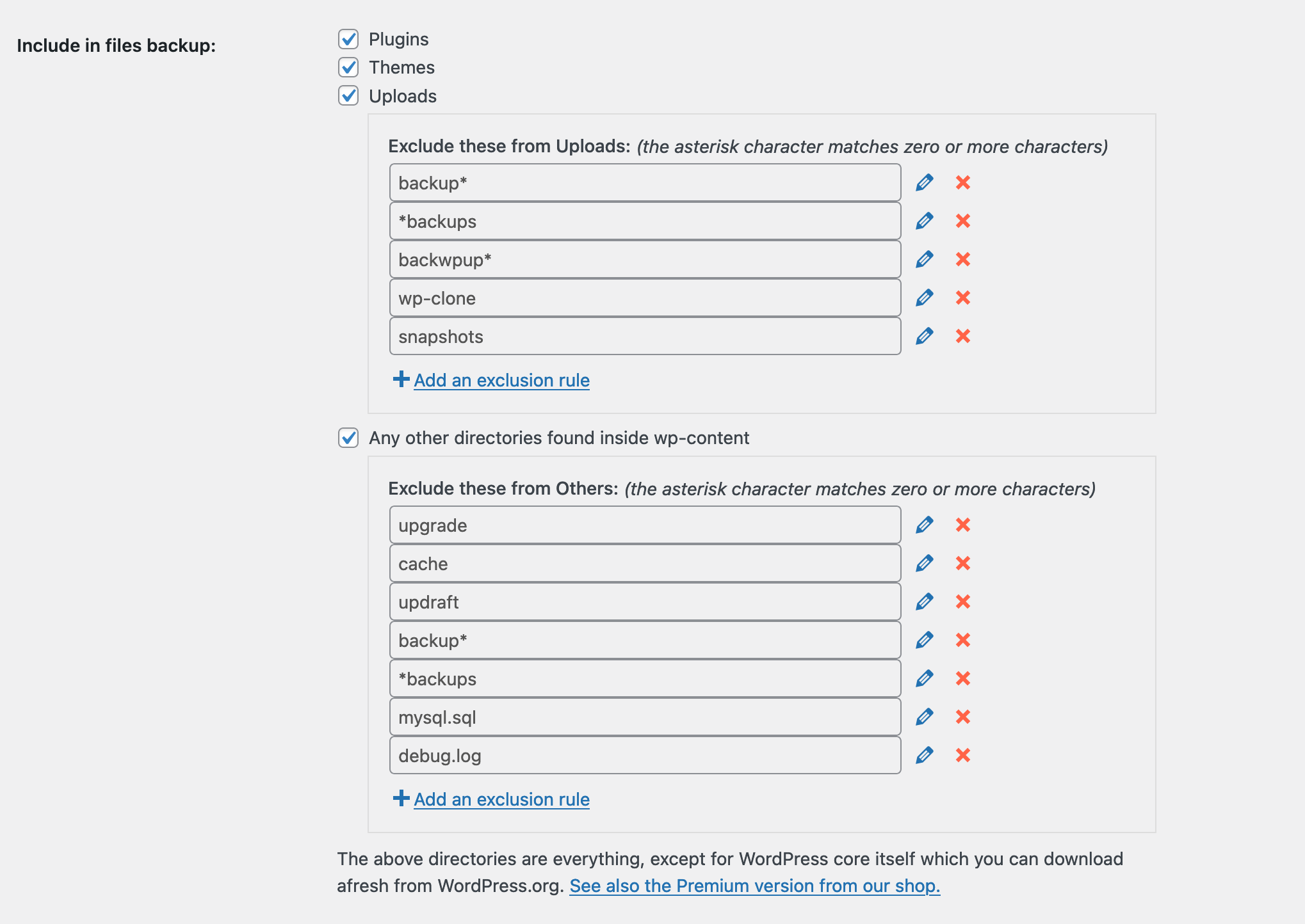 Files included or excluded from a backup in UpdraftPlus.