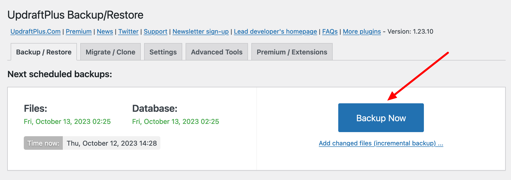 The "Backup now" button allows you to manually backup your WordPress site.