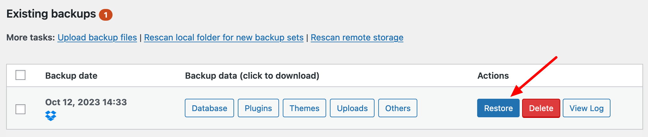 Restoring a site through UpdraftPlus.
