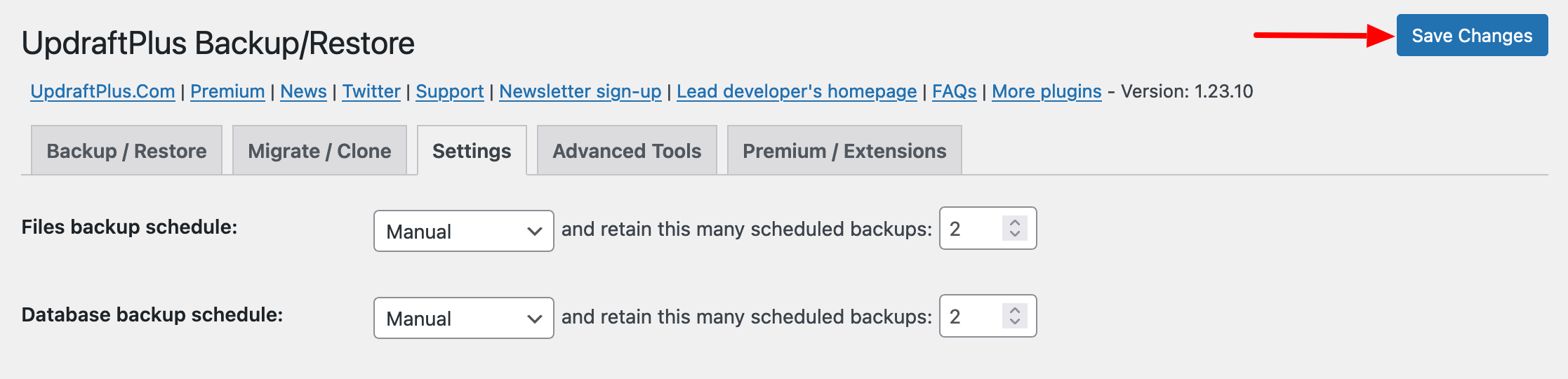 Saving changes made to settings in UpdraftPlus.