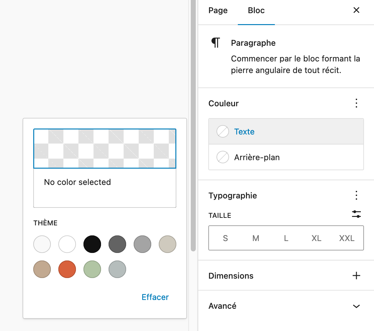 Les options de style de Gutenberg.