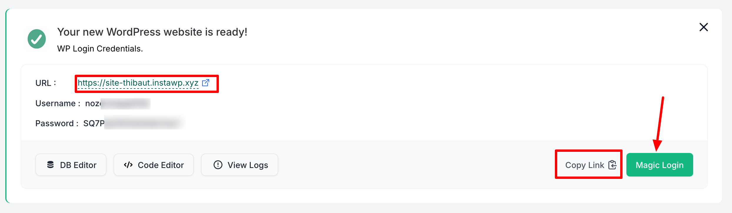 InstaWP gives you login credentials and a "magic login" option to connect to your site.