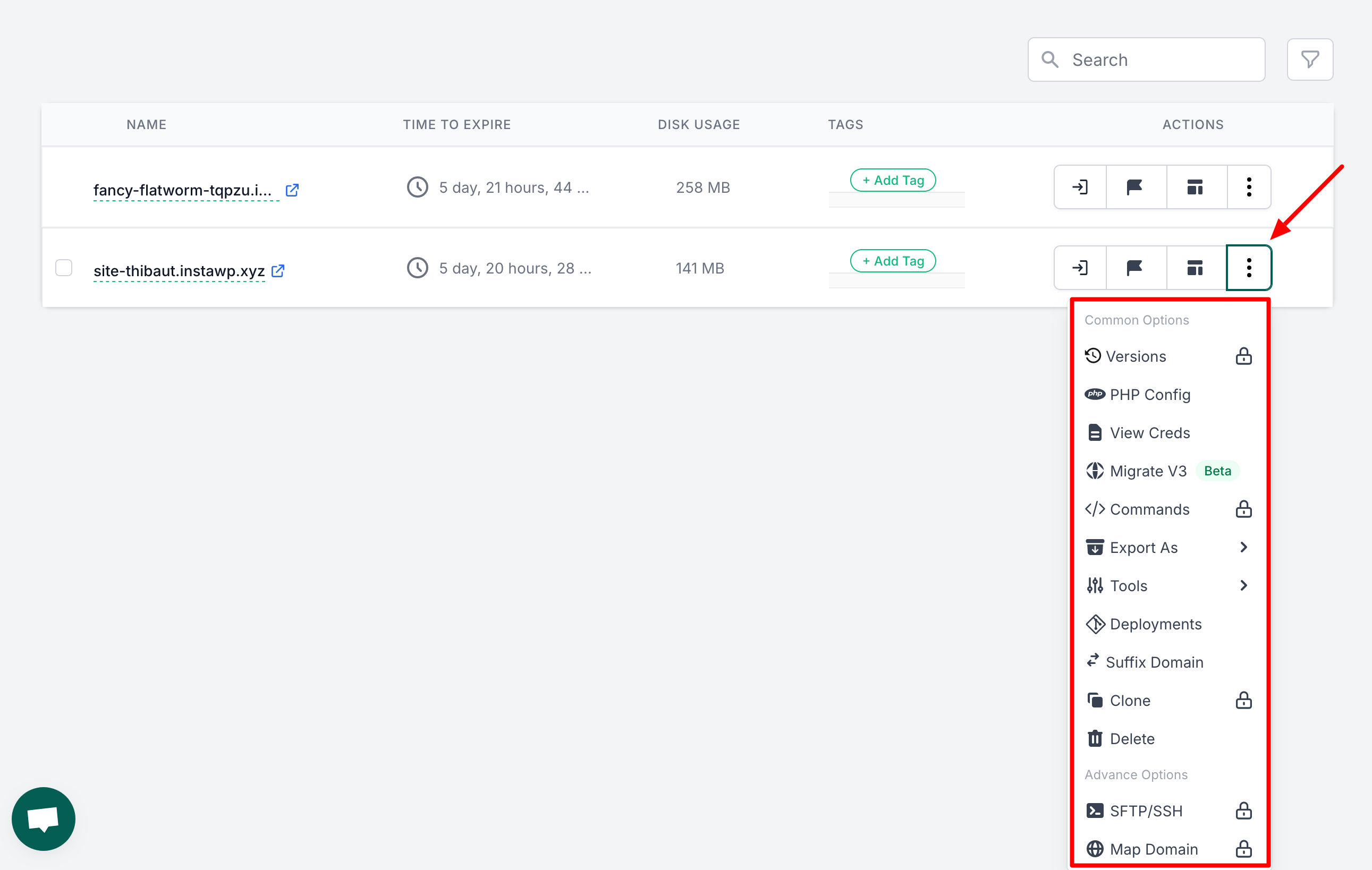 Site options in InstaWP.