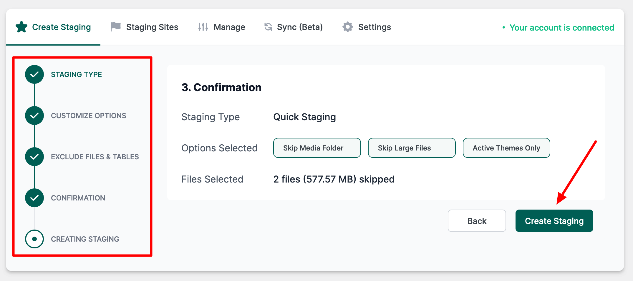 Options for configuring your staging site with InstaWP.