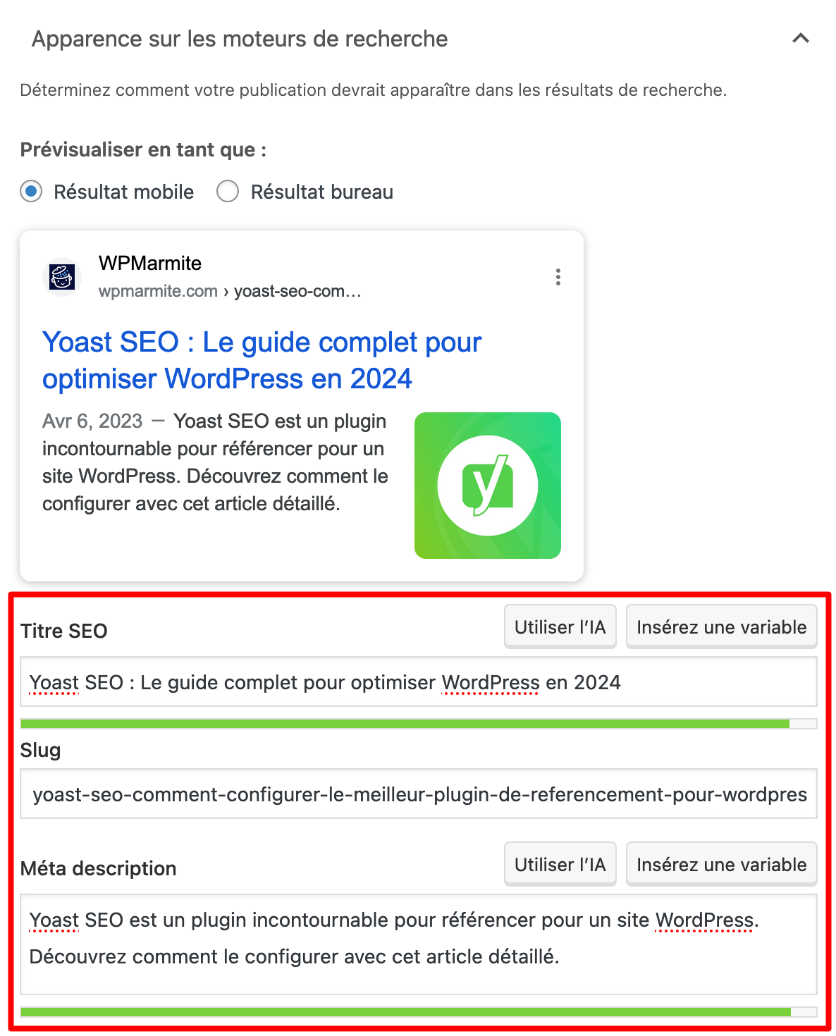 Réglages des balises Titre et méta-description sur Yoast SEO.