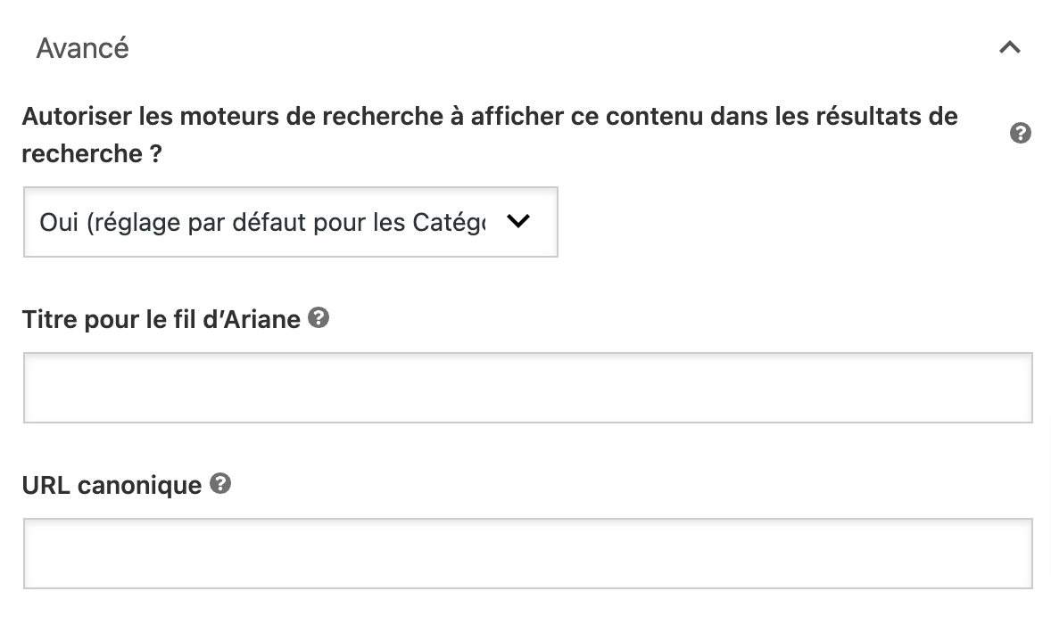 Réglages de la section Avancé des taxonomies.