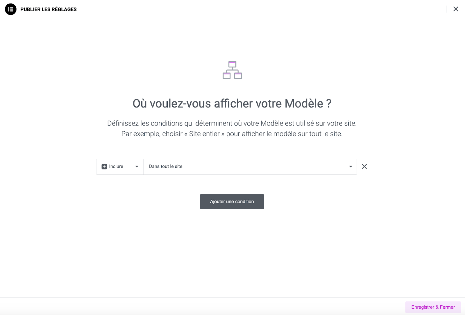 Affichage d'un modèle Elementor sur WordPress.
