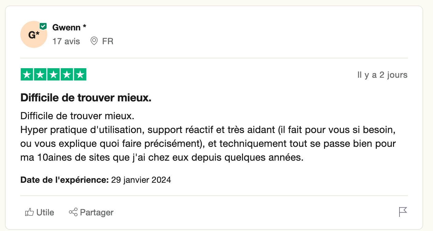 Avis client de TrustPilot sur l'hébergement WordPress o2switch.