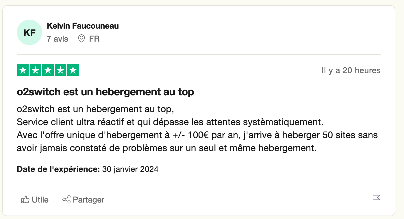 Avis client de TrustPilot sur l'hébergement WordPress o2switch.