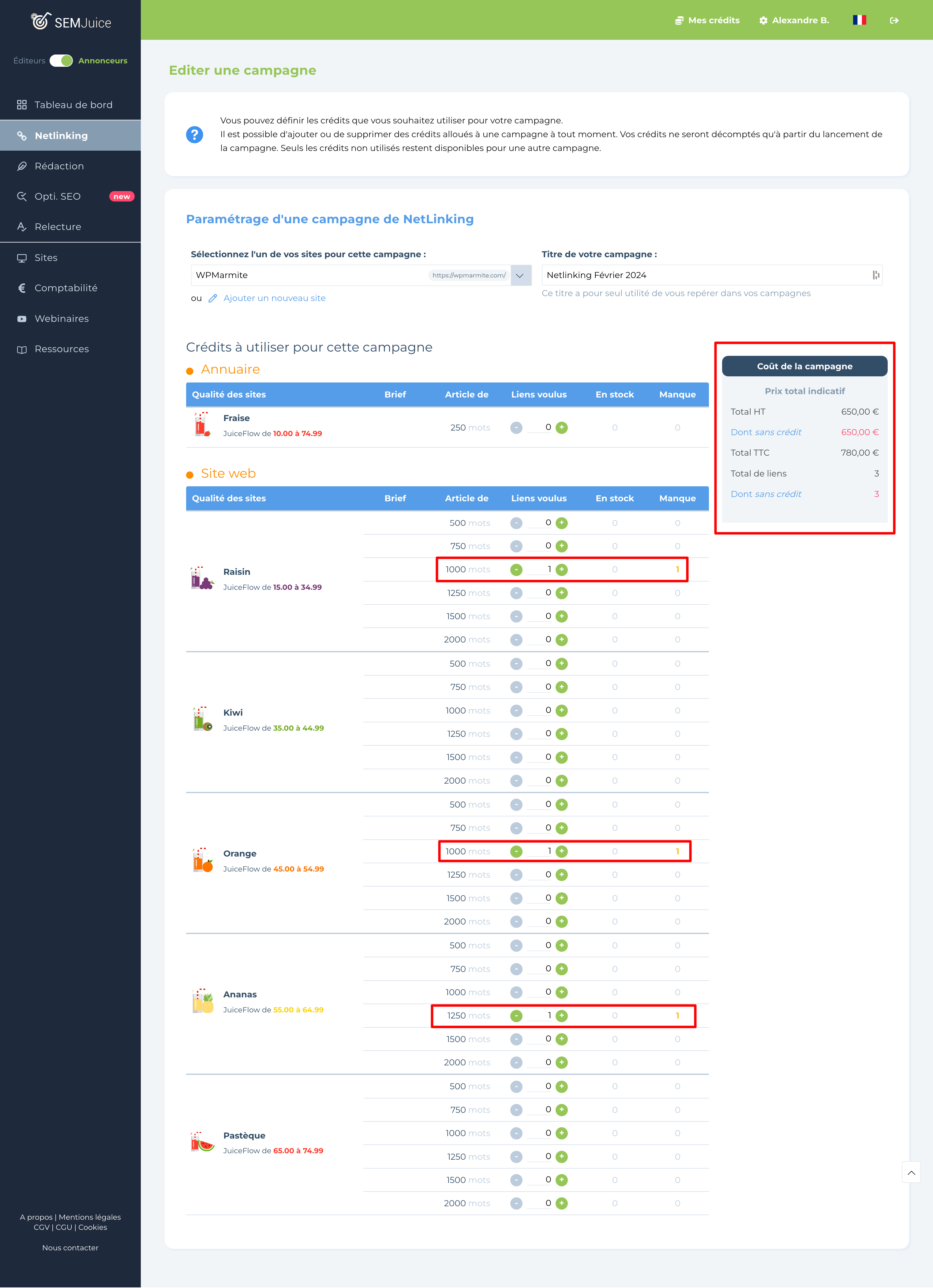 Récapitulatif d'une campagne de netlinking sur Semjuice.
