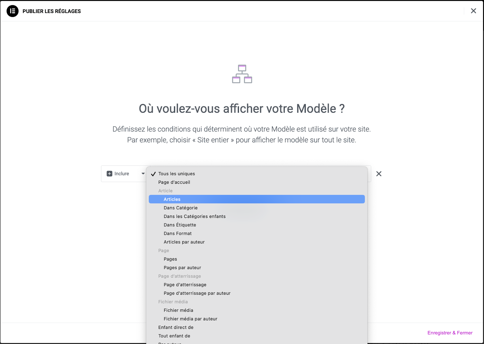Affichage d'un modèle dans Elementor