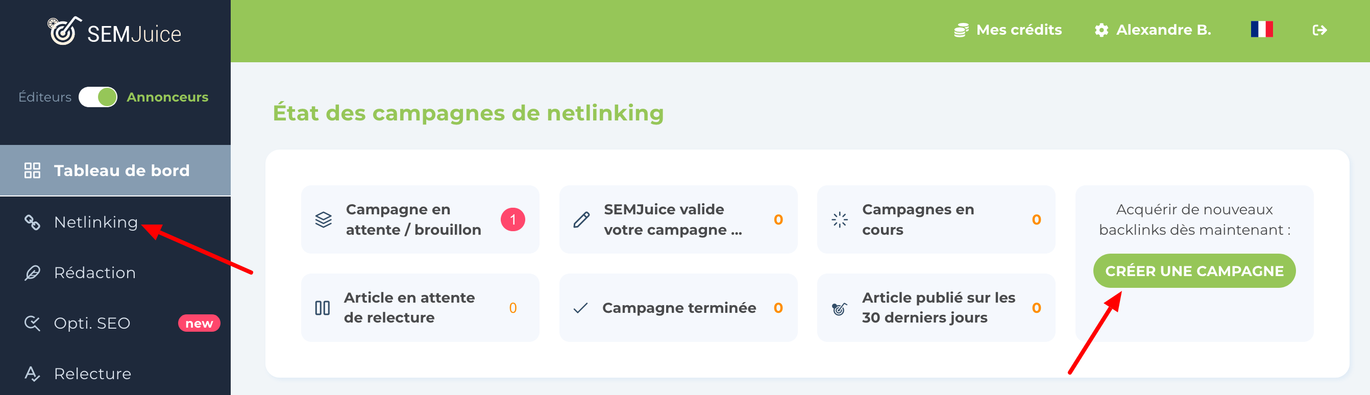 Création d'une campagne de netlinking sur Semjuice.