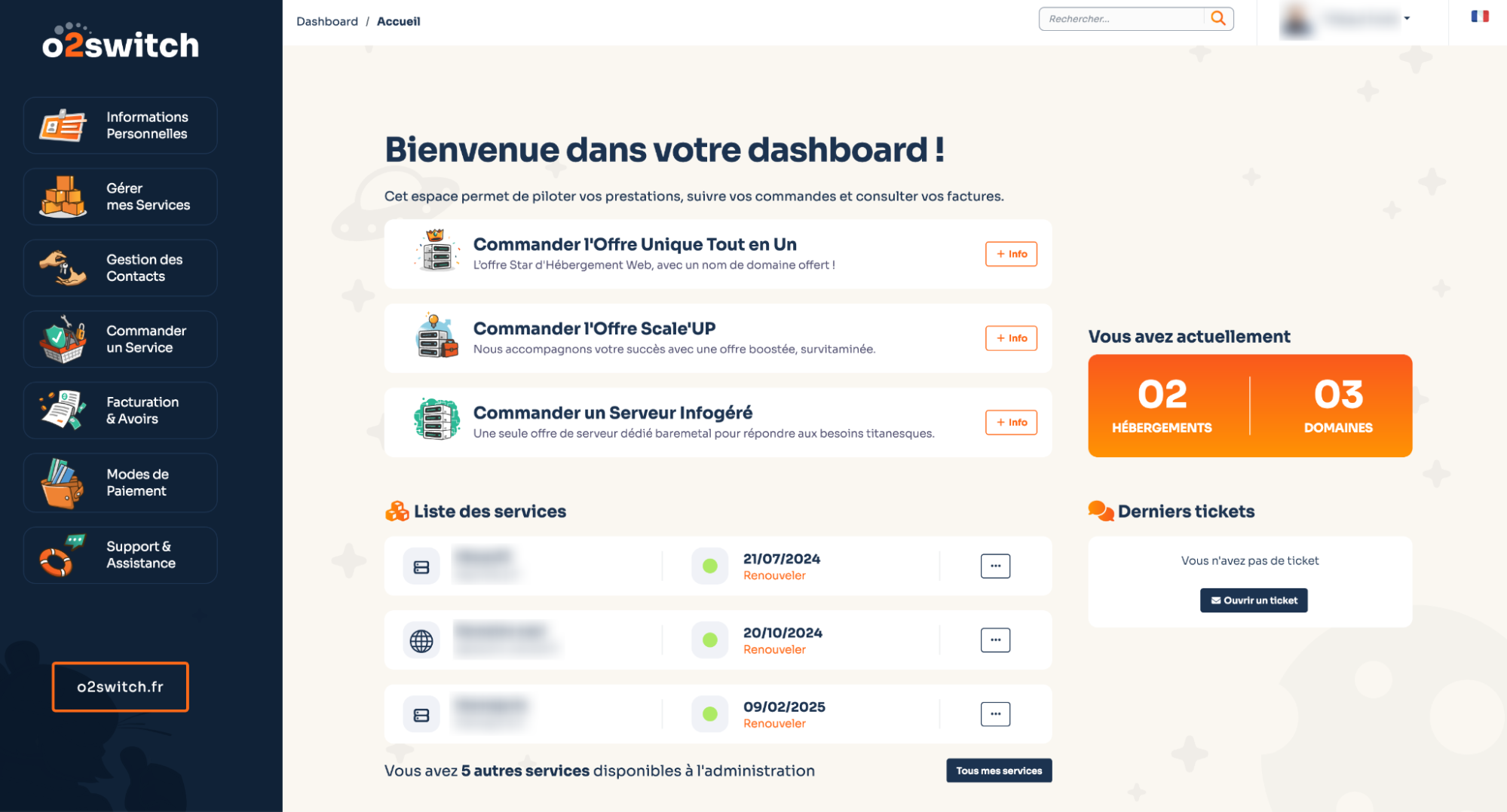 Le dashboard d'o2switch.