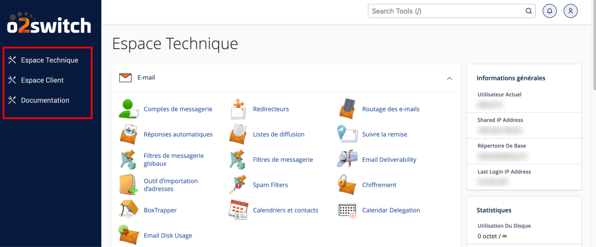 L'espace technique du cPanel o2switch.