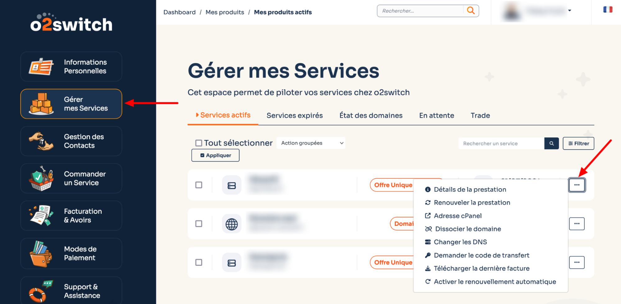 L'onglet "Gérer mes services" du tableau de bord o2switch.