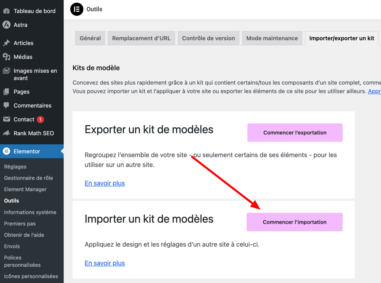 Importation d'un kit Elementor sur WordPress.