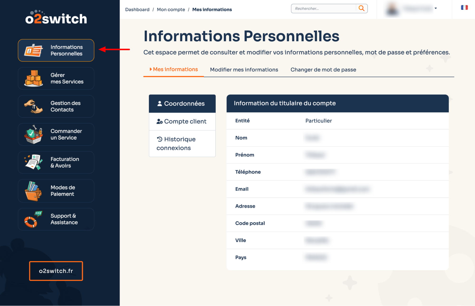 L'onglet "Informations Personnelles" du tableau de bord o2switch.