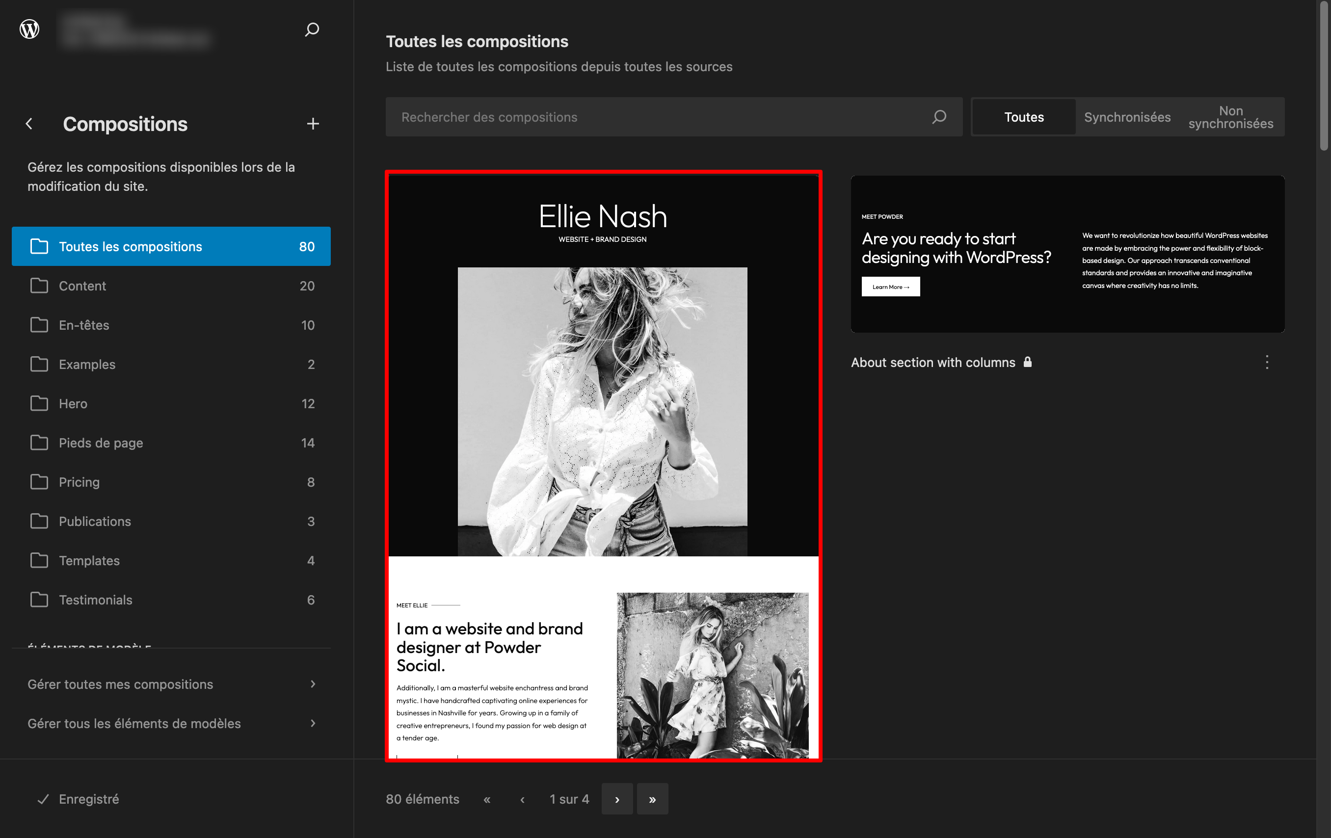 Page d'accueil de Social au niveau des compositions de blocs de WordPress.