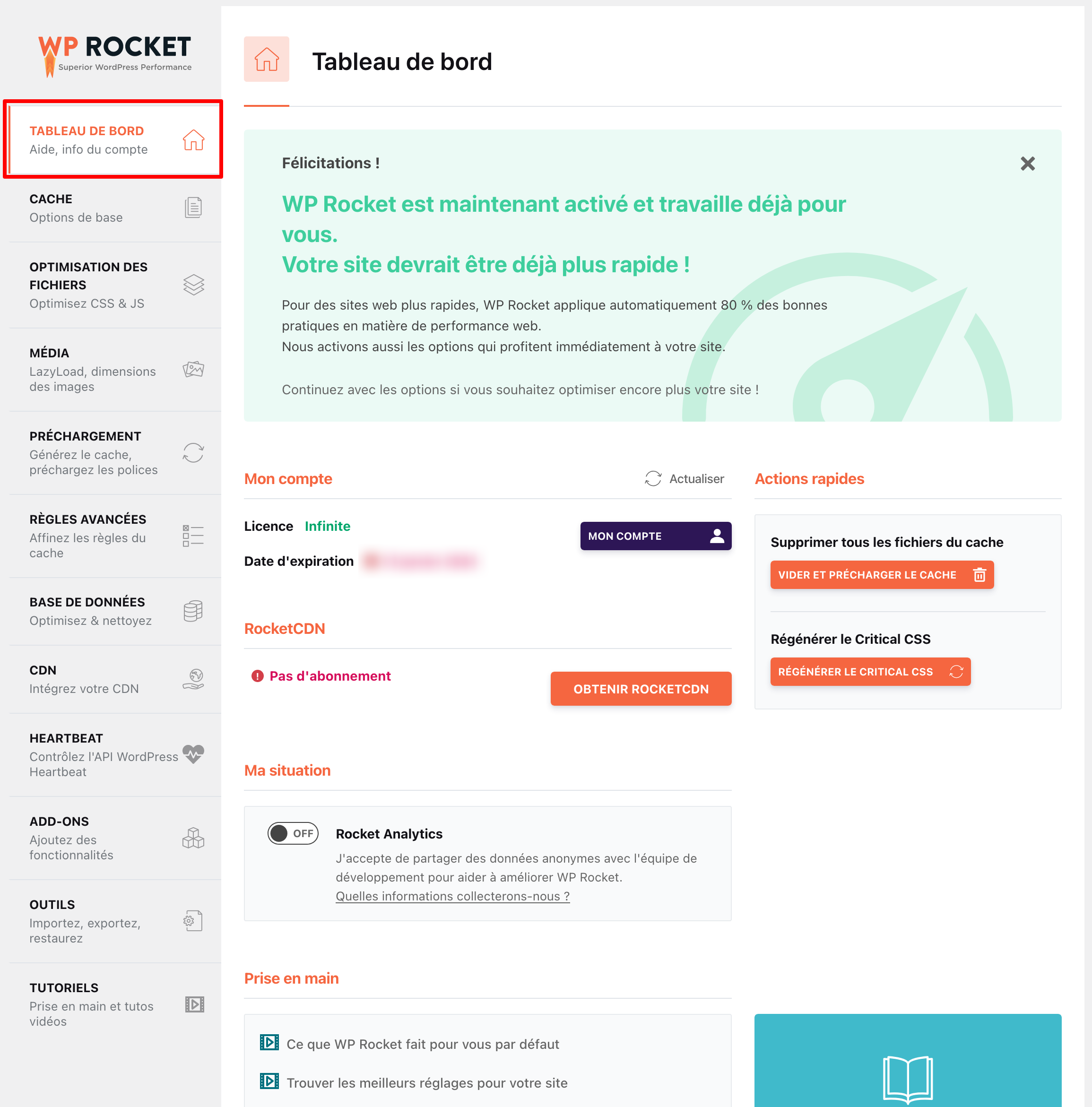 L'onglet Tableau de bord de WP Rocket.