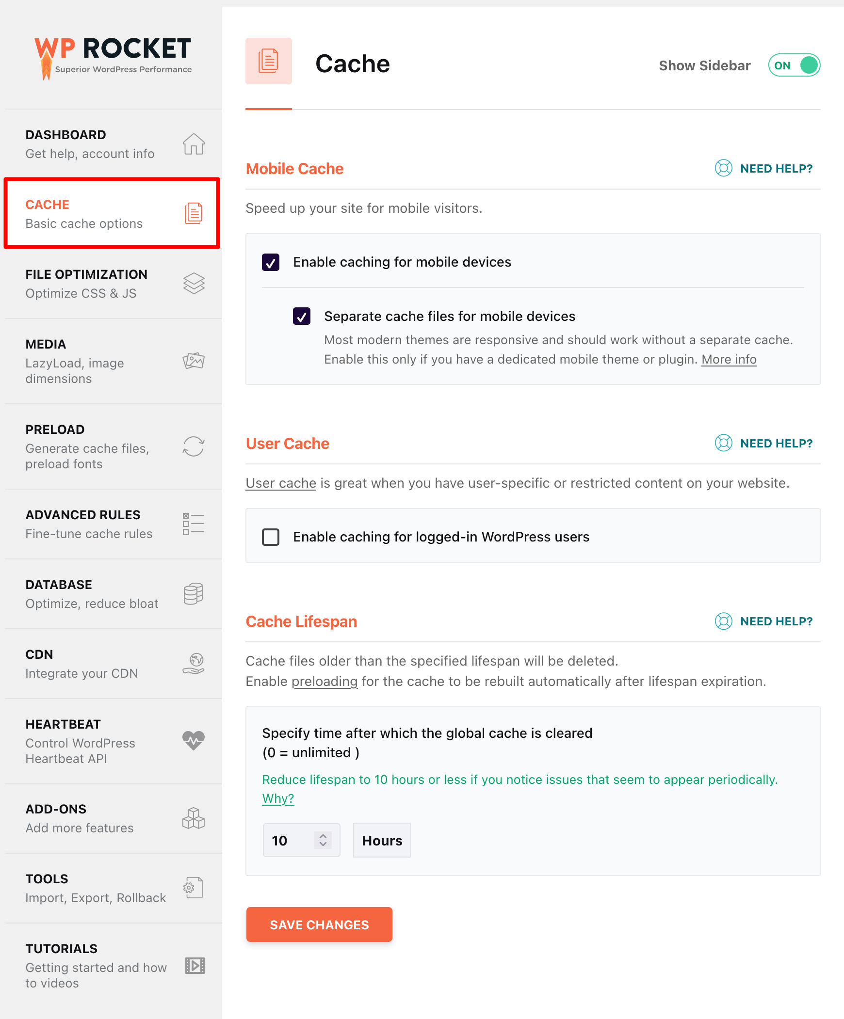 WP Rocket Cache tab enables caching for mobiles, for example.