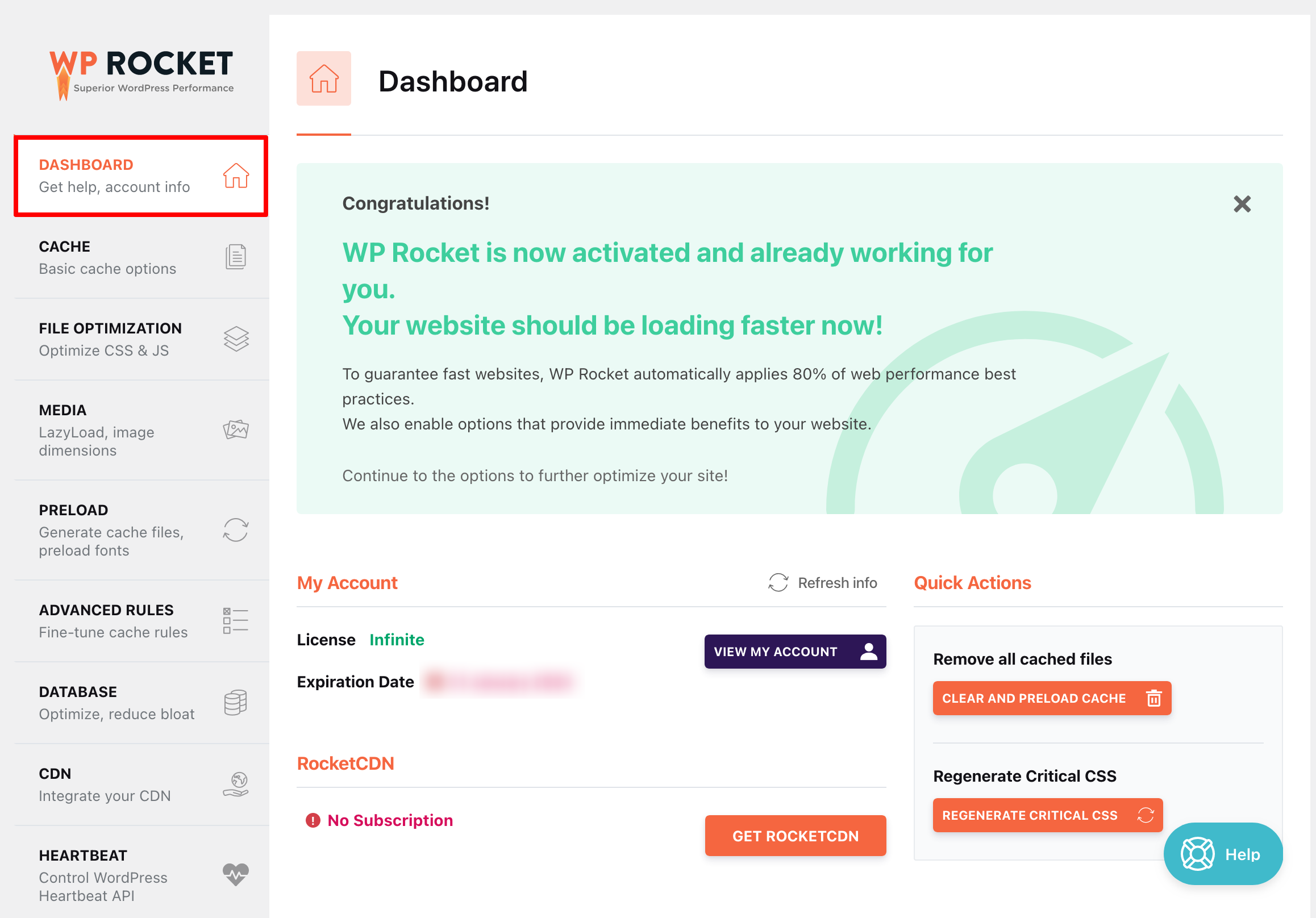WP Rocket Dashboard tab.