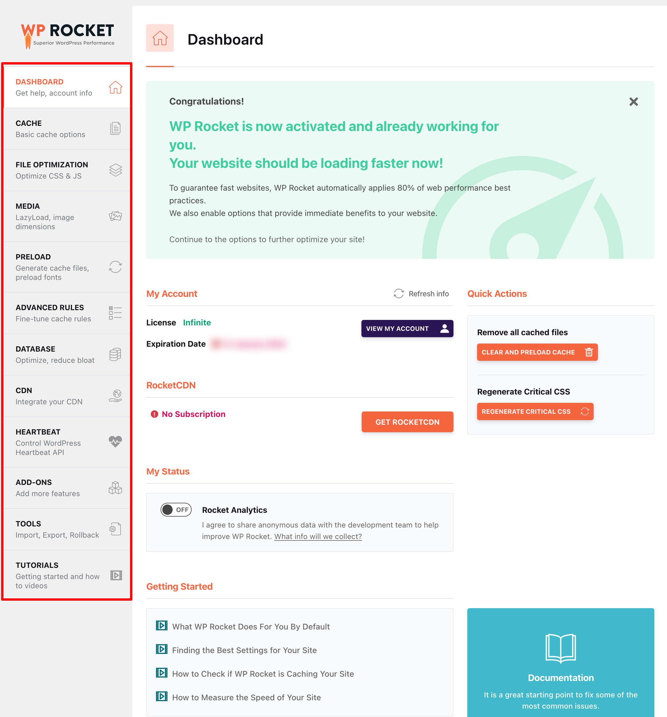 WP Rocket dashboard is composed of 12 tabs.