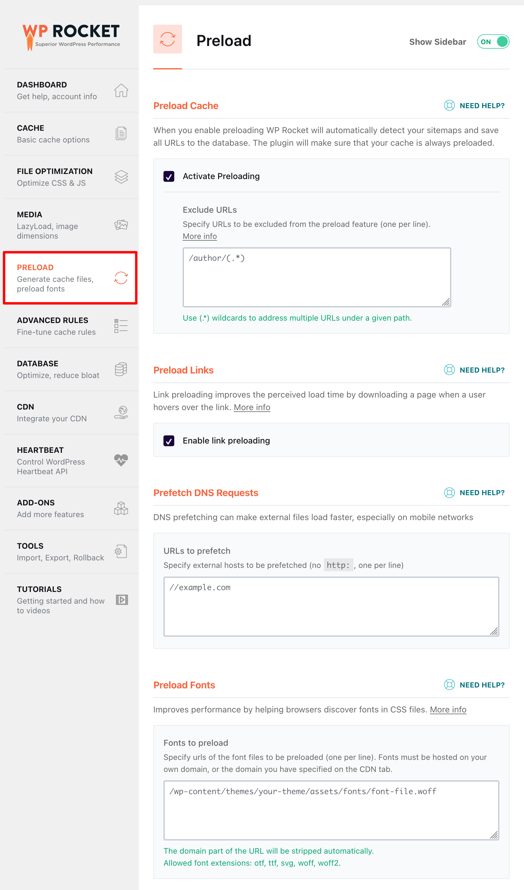 WP Rocket's preloading options.