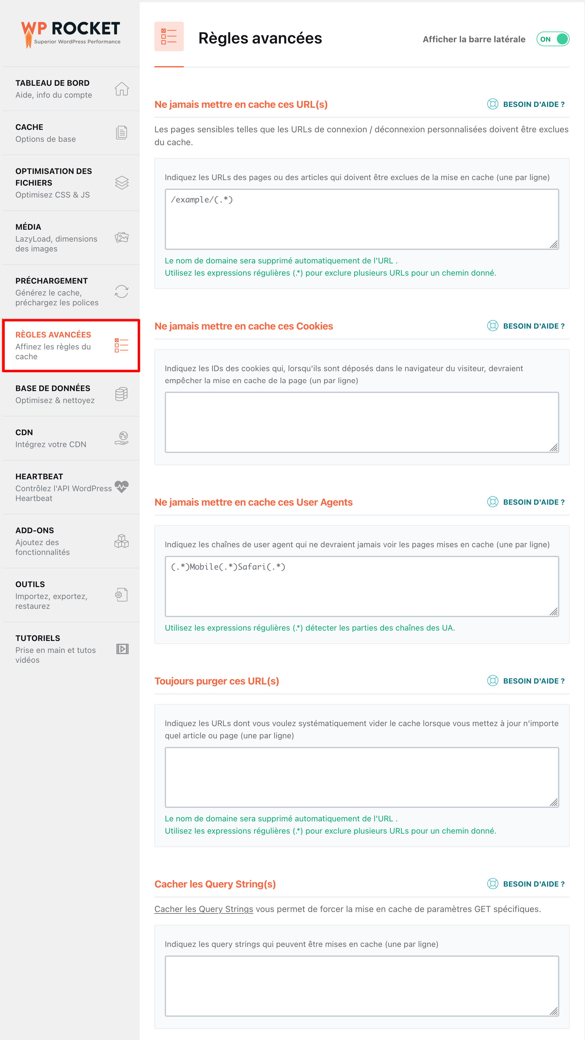 Règles avancées de WP Rocket.
