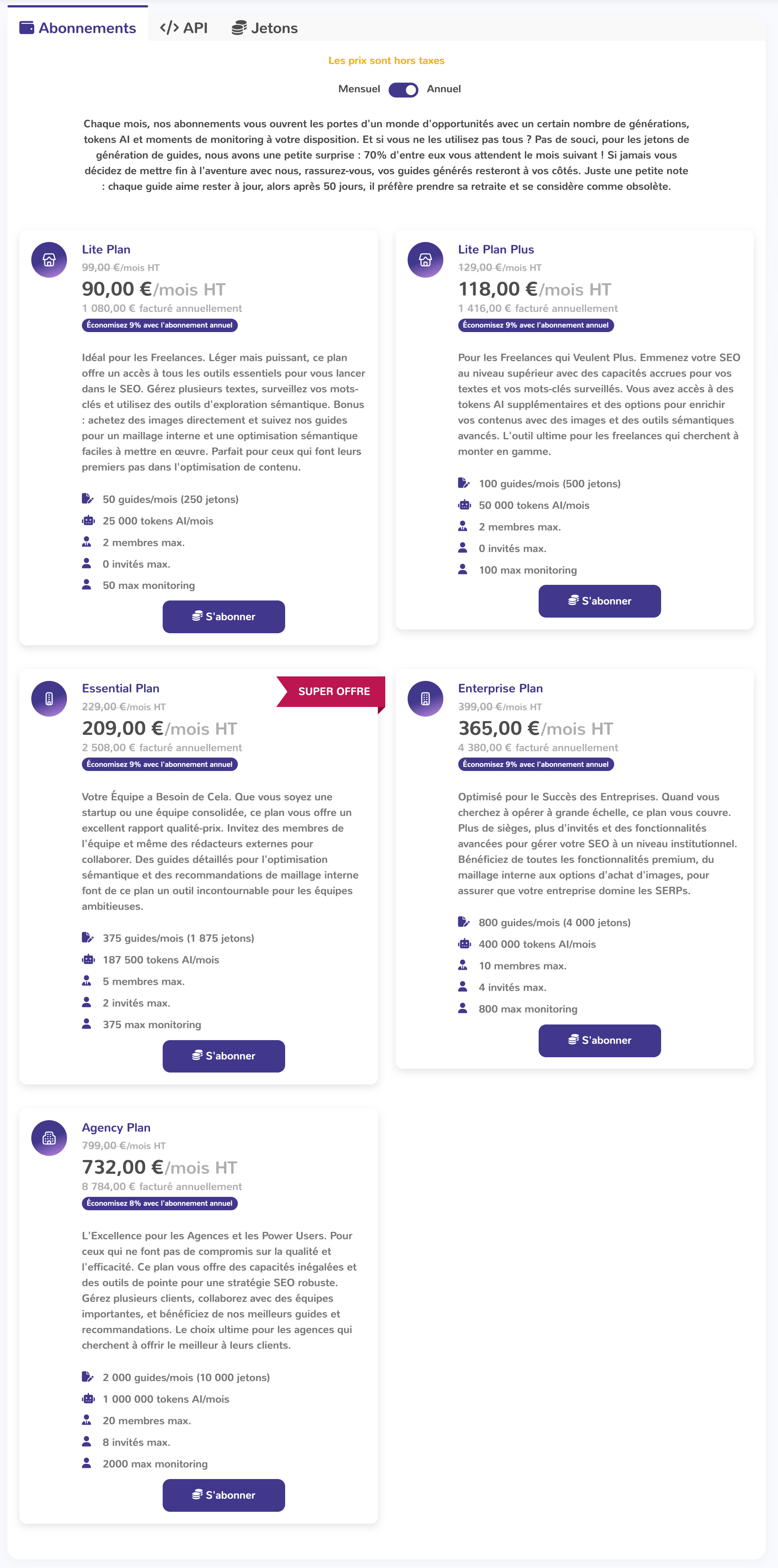 Les abonnements proposés par YourTextGuru.