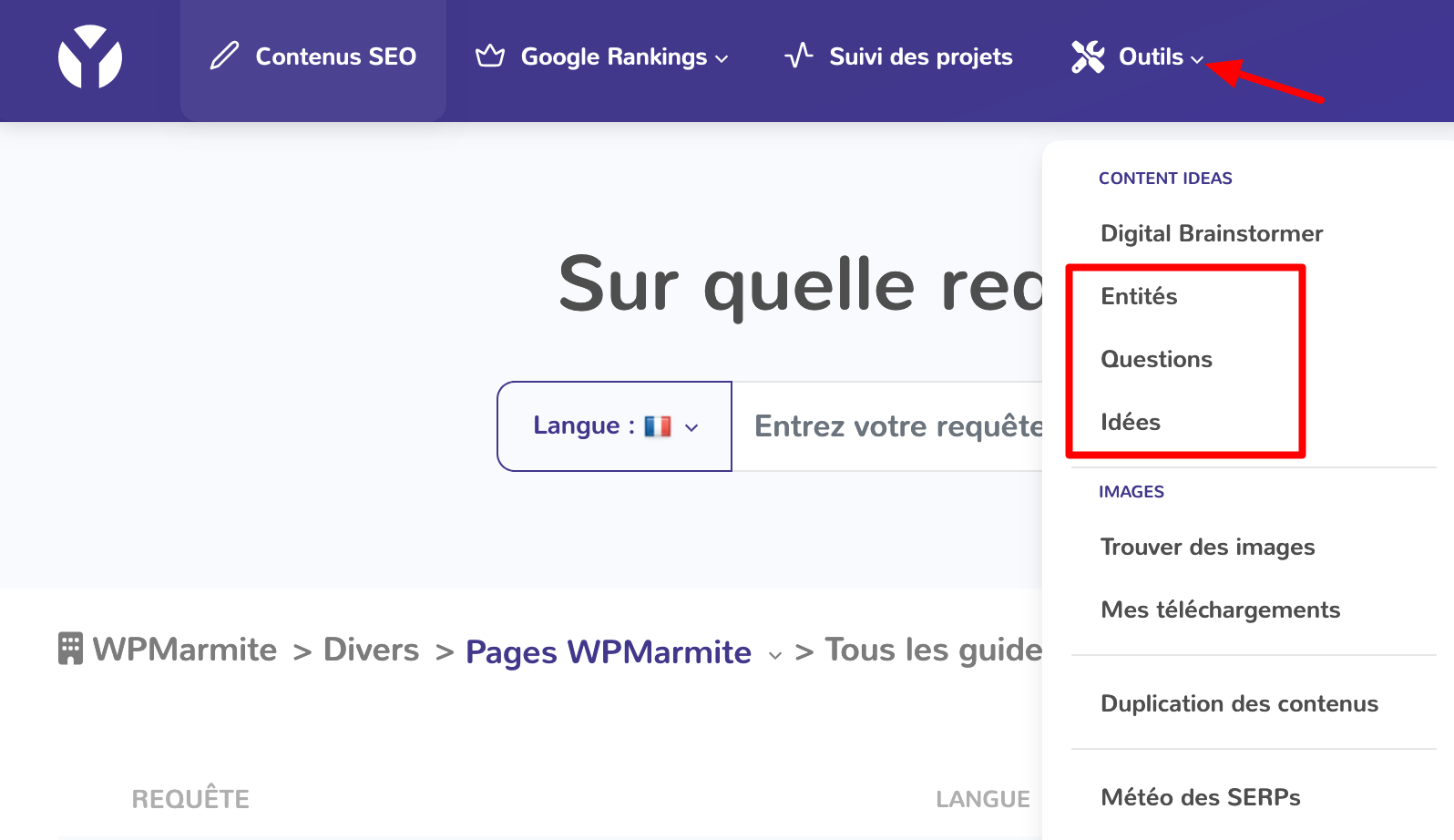 Les options pour générer des idées de contenus sur YourTextGuru.