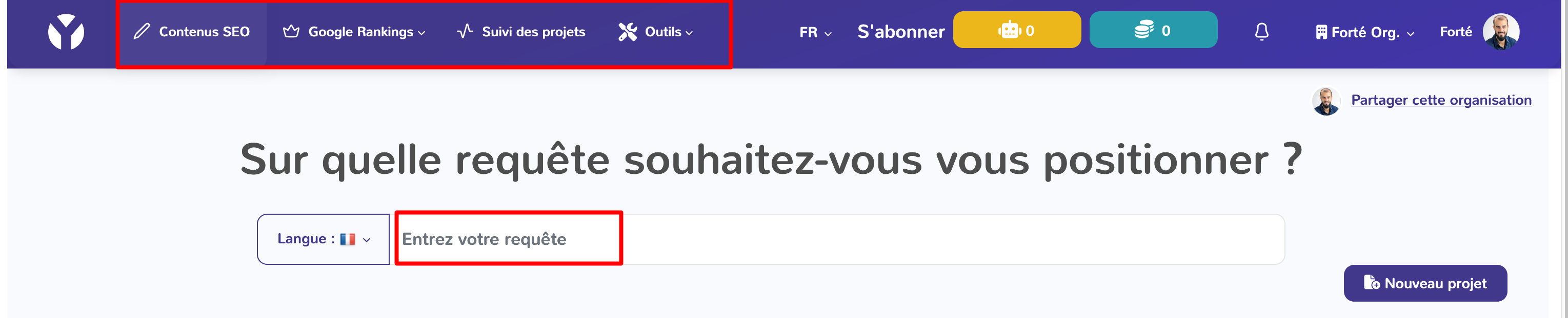 La barre de recherche de YourTextGuru.